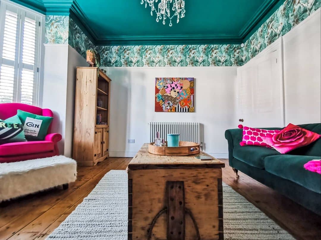 column radiator in a colourful living room
