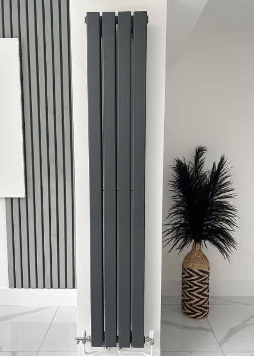minimal vertical radiator in a scandinavian living room