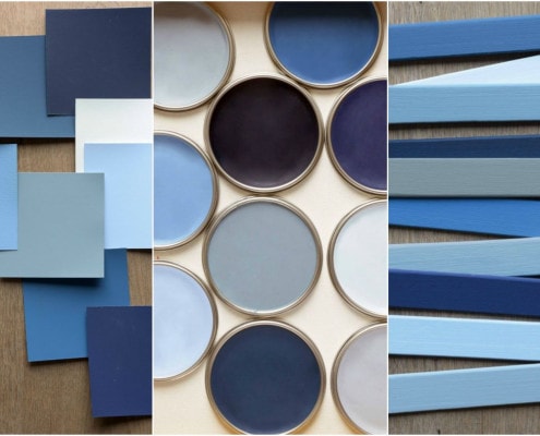 different shades of paints in pots and on tester sticks