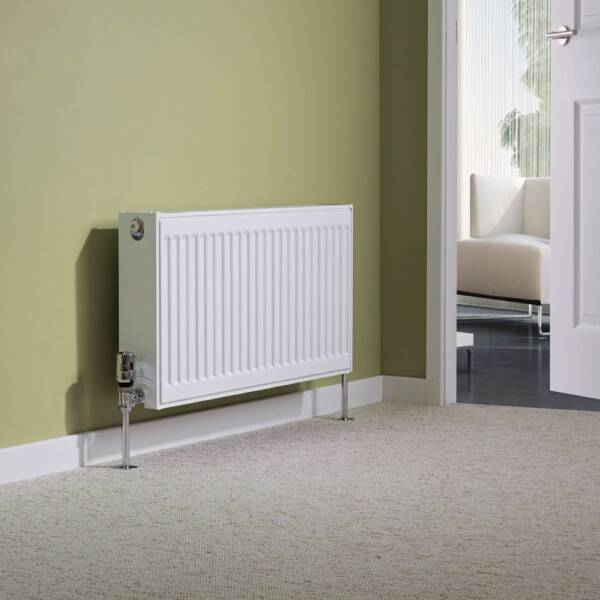 White Milano Double Convector Radiator on a green background in a lounge or hallway