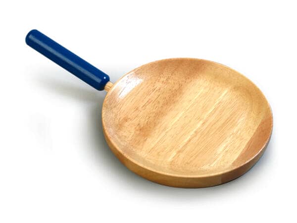 A wooden frying pan with a blue handle