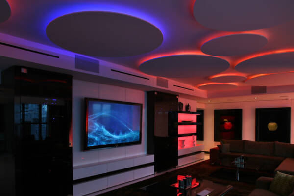 man cave lit up with striplights