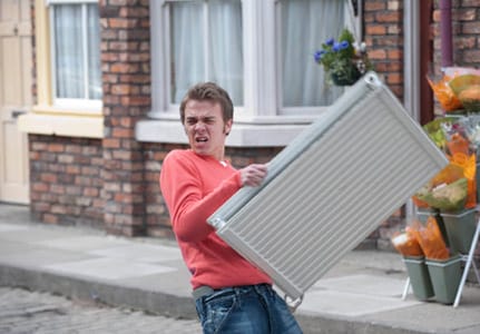 David Platt carrying a radiator on coronation street David Platt carrying a radiator on coronation street