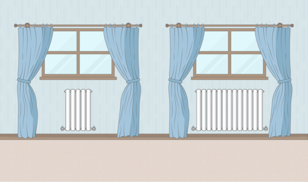 image of a small radiator and a larger radiator under a window