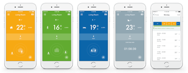 five separate mobile phones showing the settings for tado in different rooms of the home