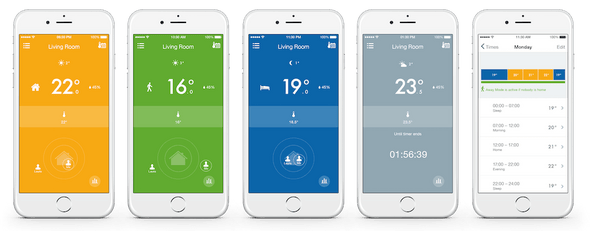 five separate mobile phones showing the settings for tado in different rooms of the home