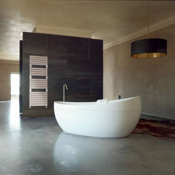 Mineral Quartz brushed chrome heated towel rail in modern bathroom near contemporary freestanding bathtub Mineral Quartz brushed chrome heated towel rail in modern bathroom near contemporary freestanding bathtub