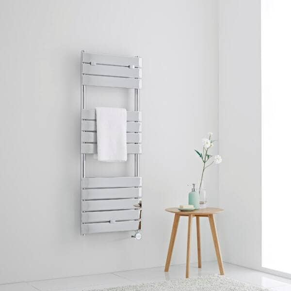 Milano Lustro electric heated towel rail on a white wall in a bathroom