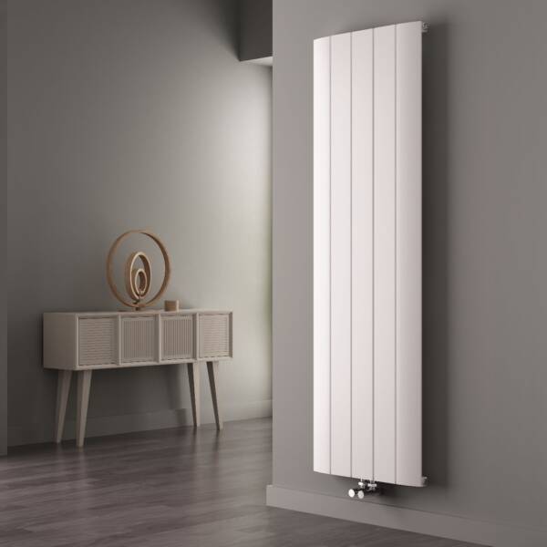 White Milano Skye Aluminium radiator on a wall in a hallway with a table in the background