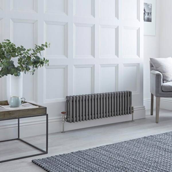 raw metal milano windsor cast iron style radiator on a white panelled wall in a sitting room raw metal milano windsor cast iron style radiator on a white panelled wall in a sitting room