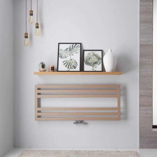 lazzarini urbino heated towel rail on a grey bathroom wall