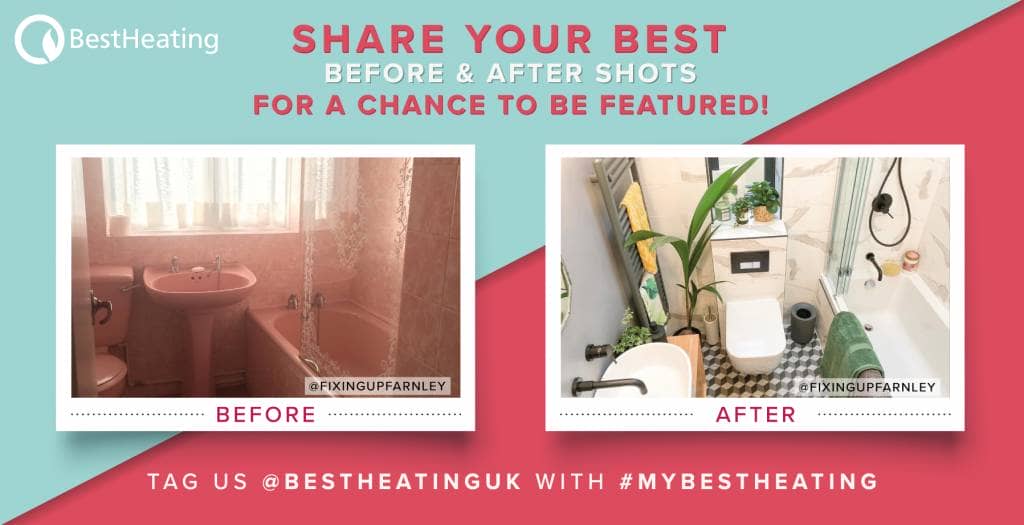 Before and after bathroom renovation banner.