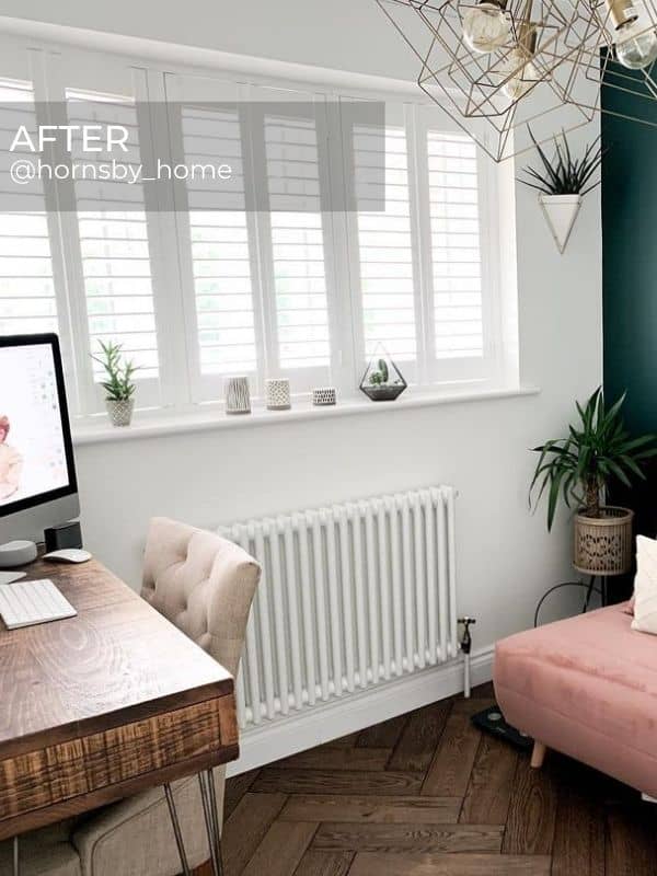 white column radiator in a home office after renovation