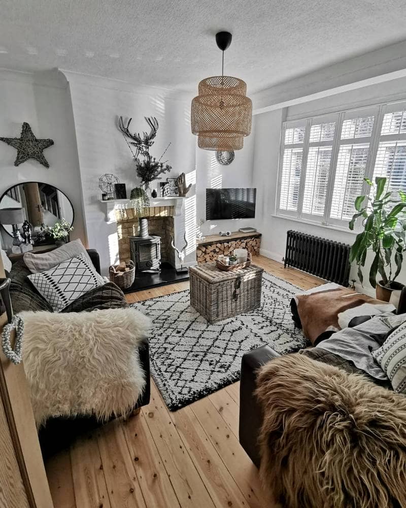 rustic living room with a grey column radiator