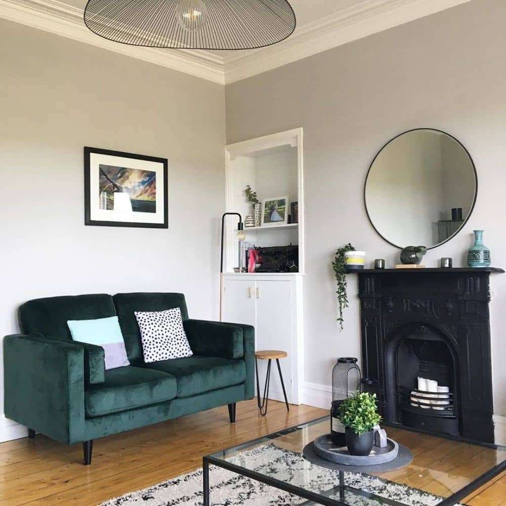 Living Room velvet sofa in a scandi style living room