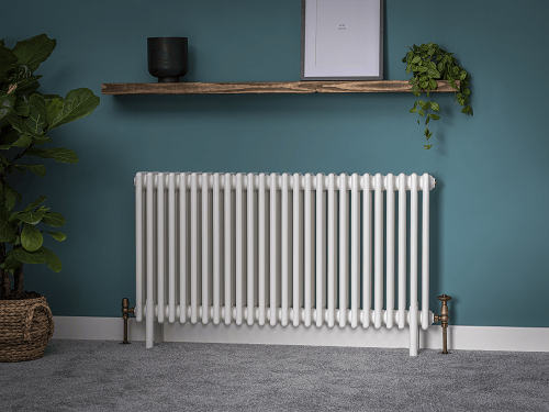 Full White Windsor with brass valves a white column radiator in a blue green room