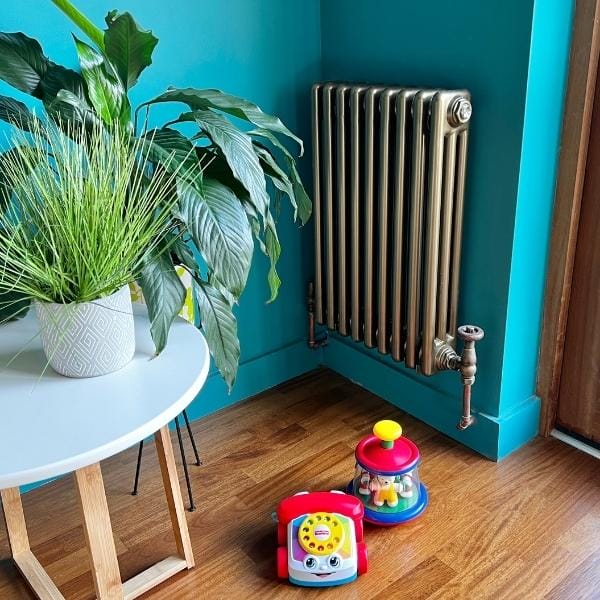 close up of a bronze Milano Windsor radiator next to a plant