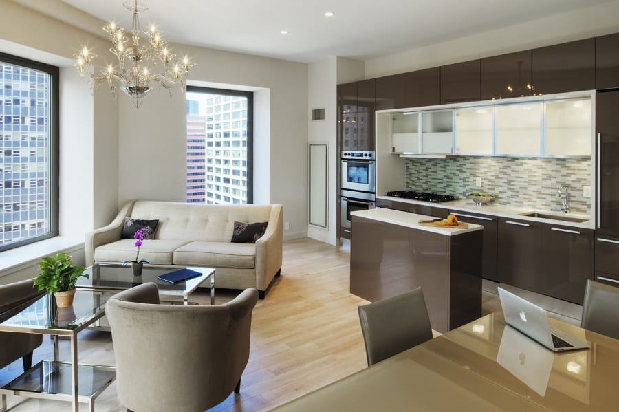 Kitchen, dining room and living room open plan space