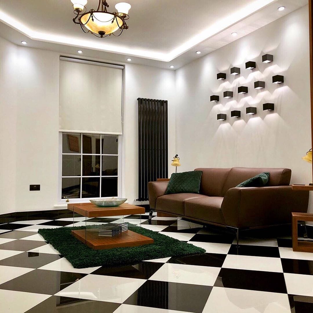 vertical radiator in a monochrome living room