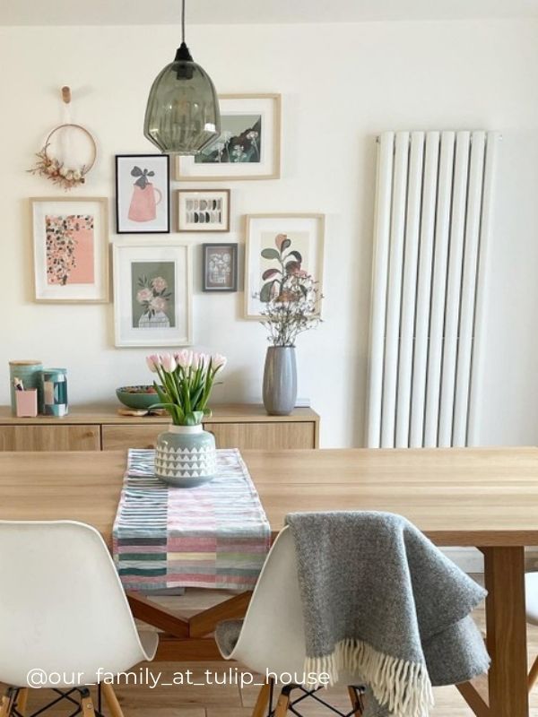 a vertical radiator in a dining room
