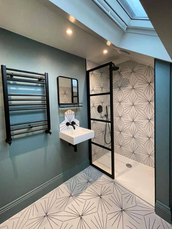 matt black heated towel rail in a modern bathroom