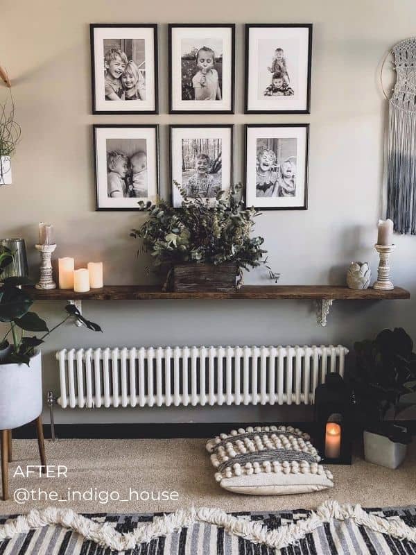 a vintage inspired white column radiator under a shelf