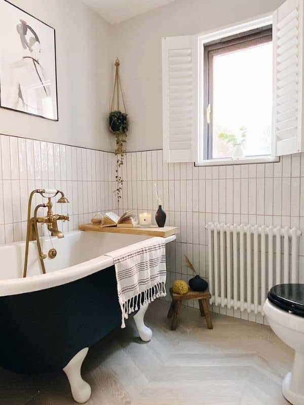 white column radiator in a boho style bathroom