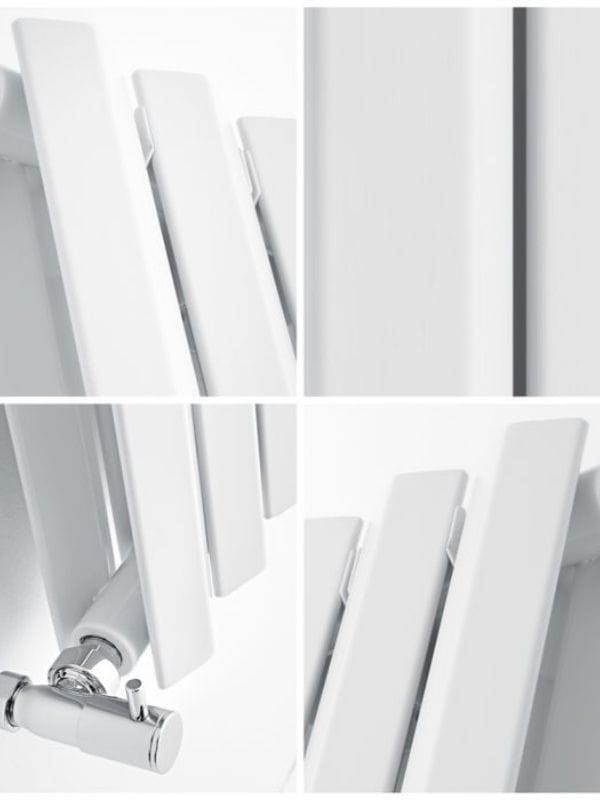 close up quad image of a milano viti vertical radiator