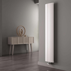 Aluminium vertical radiator A tall white vertical radiator in a hallway
