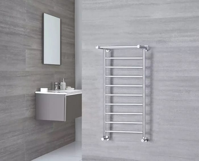 Milano Pendle chrome towel rail with shelf Milano Pendle Chrome Heated Towel Rail with Heated Shelf