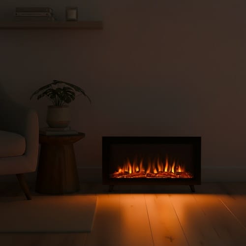 A electric fire switched on in a dark room