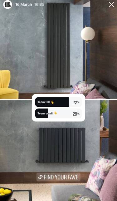 instagram story with a poll asking bestheating customers if they prefer horizontal or vertical radiators