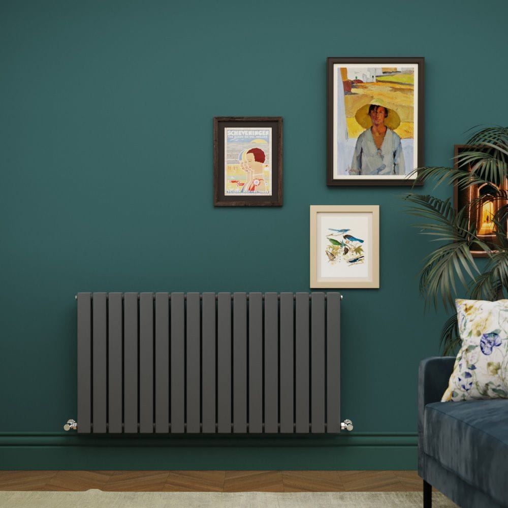Milano Alpha anthracite horizontal radiator Milano Alpha - Anthracite Horizontal Double Slim Panel Designer Radiator on green wall