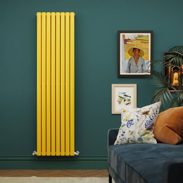 a yellow unusual radiator in a sitting room space