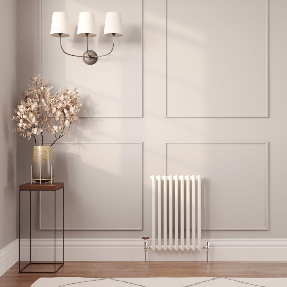 Milano Windsor - Horizontal Double Column White Traditional Cast Iron Style Radiator - 600mm x 425mm Milano Windsor - Horizontal Double Column White Traditional Cast Iron Style Radiator - 600mm x 425mm in a white hallway
