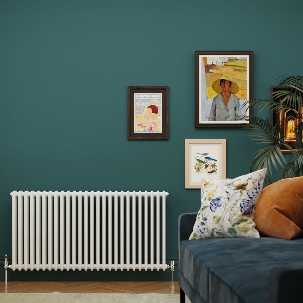 Milano Windsor - Horizontal Triple Column White Traditional Cast Iron Style Radiator - 600mm x 1505mm white horizontal windsor column radiator in a green siting room.
