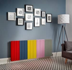 Mixed coloured radiator in a lounge a multicoloured radiator on a wall in a lounge
