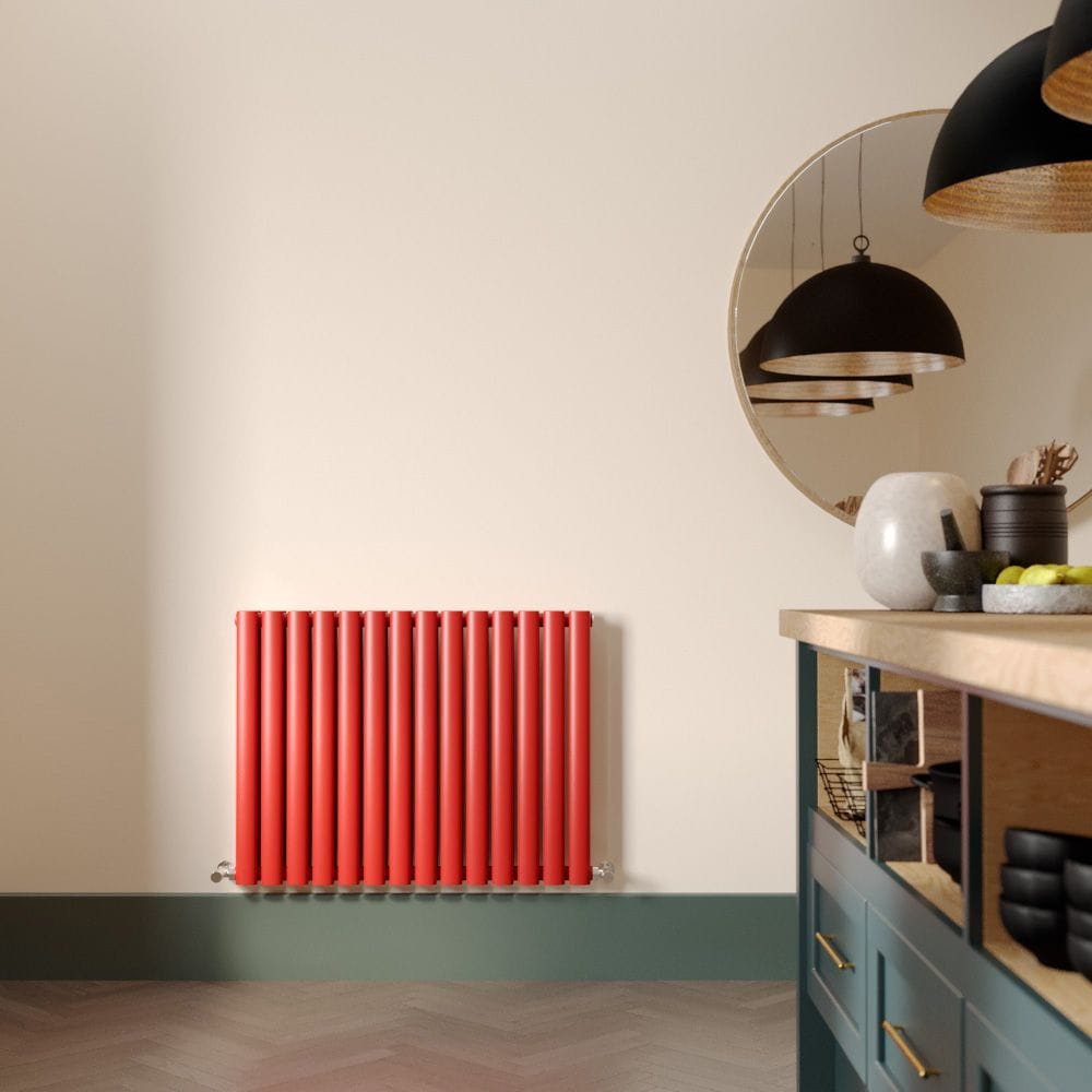 A siamese red Milano Aruba radiator in a modern kitchen A siamese red Milano Aruba radiator in a modern kitchen