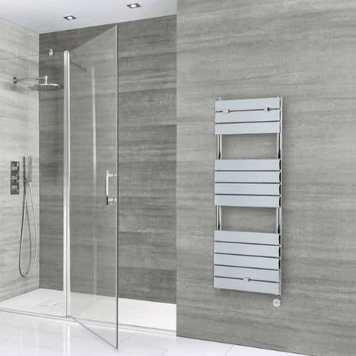 milano lustro chrome wall mounted electric heater in a grey bathroom
