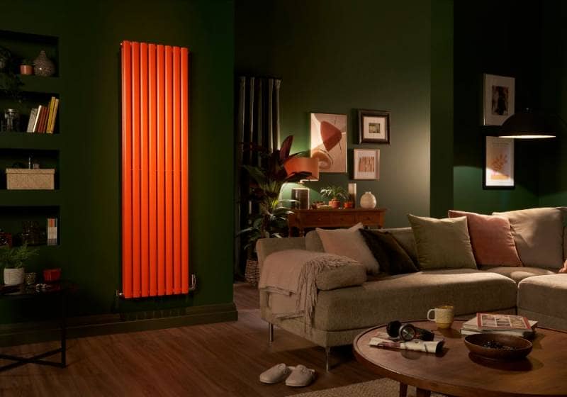 orange radiator in a green living room