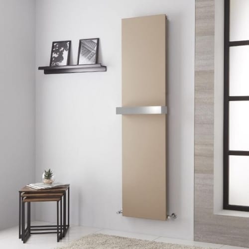 modern beige vertical radiator in a grey room