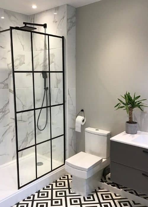 black grid style shower in a modern bathroom