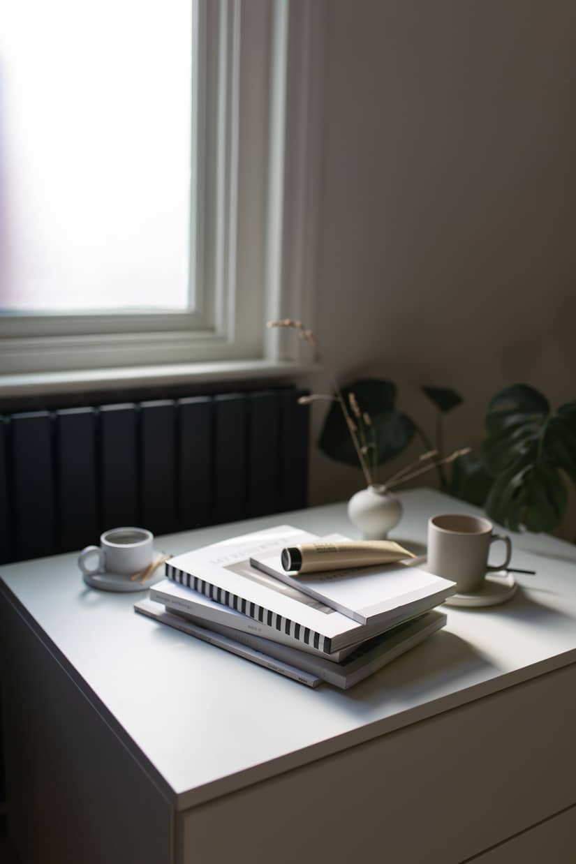 Milano Alpha designer radiator next to a modern minimal table.