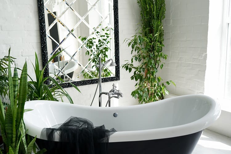 Bathtub and green plants in bathroom interior in luxury home Bathtub and green plants in bathroom interior in luxury home