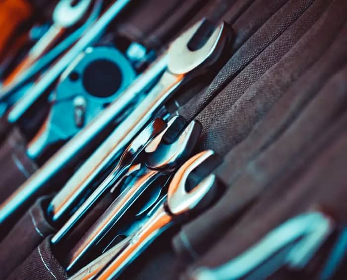 Close up shot of tool set with multiple spanners