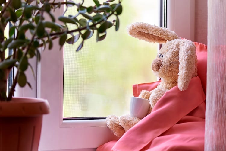 a plush rabbit looking out of the window and keeping warm on a cold winters day