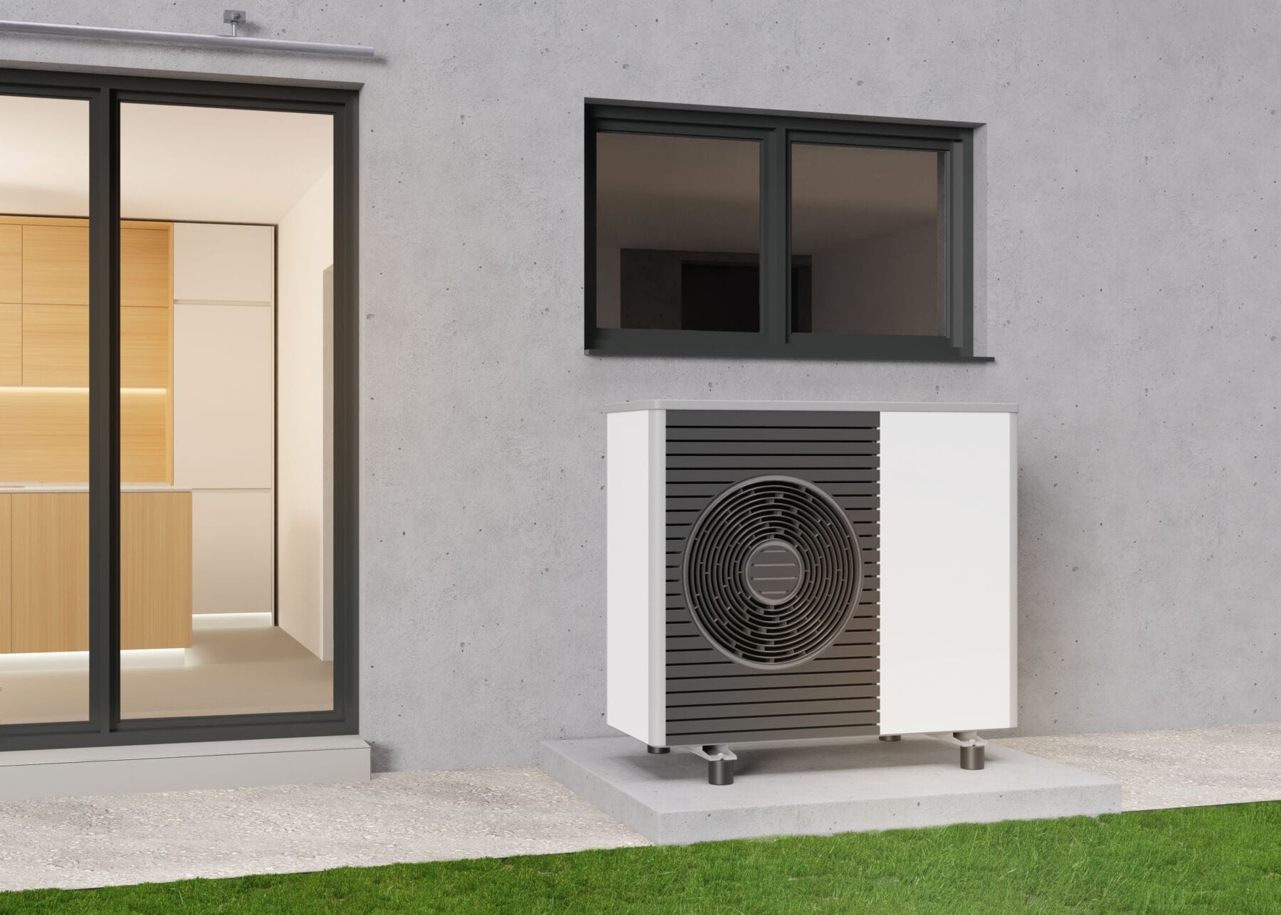 white and grey air source heat pump positioned outside modern new-build home underneath window white and grey air source heat pump positioned outside modern new-build home underneath window