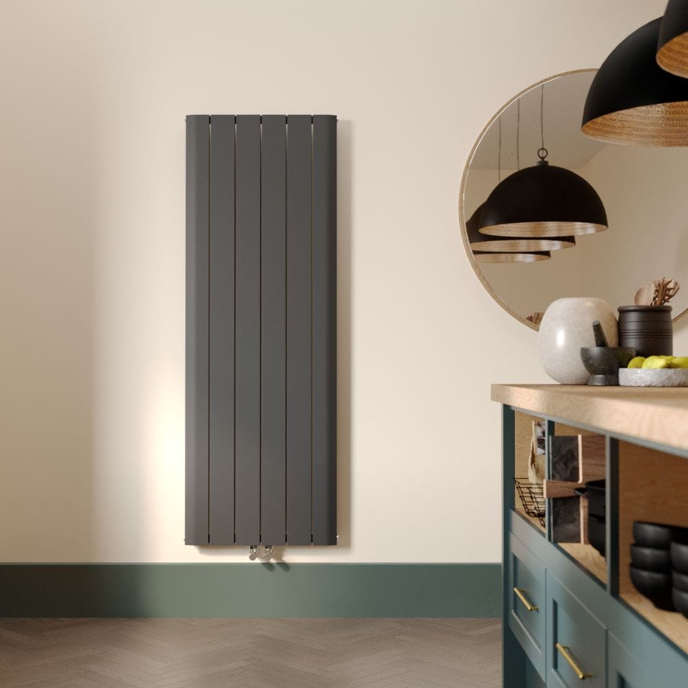 Milano anthracite aluminium vertical designer radiator on cream wall near mirror and shelving unit