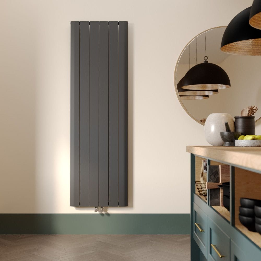 Milano Skye vertical anthracite aluminium designer radiator in modern kitchen Milano Skye vertical anthracite aluminium designer radiator in modern kitchen
