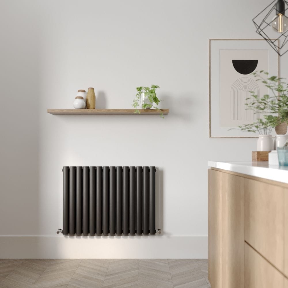 Milano Aruba Ayre aluminium black horizontal double panel designer radiator on light wall beneath shelving with plants